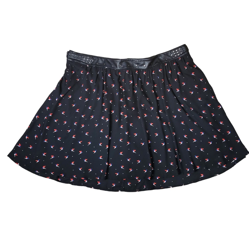 Torrid Knee Length Flare Skirt Plus Skater Black  Studded Novelty Print Birds